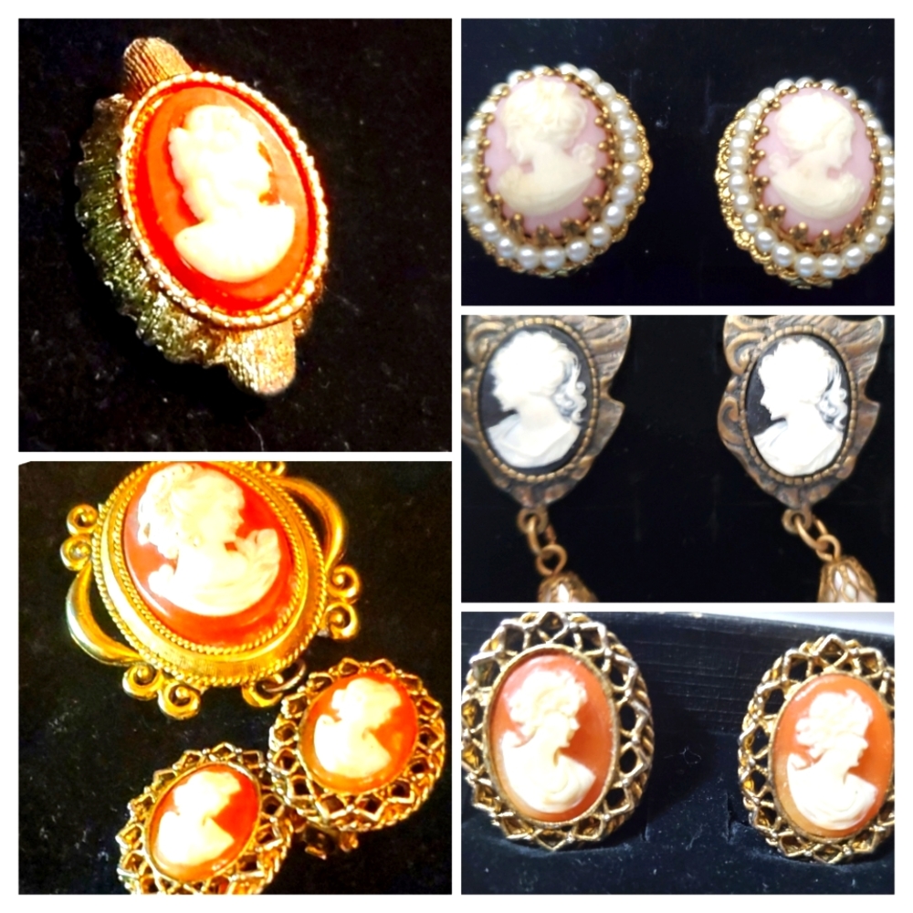 Vintage Victorian Lady Cameo Perfume locket,4 set of clip on and a tie brooch